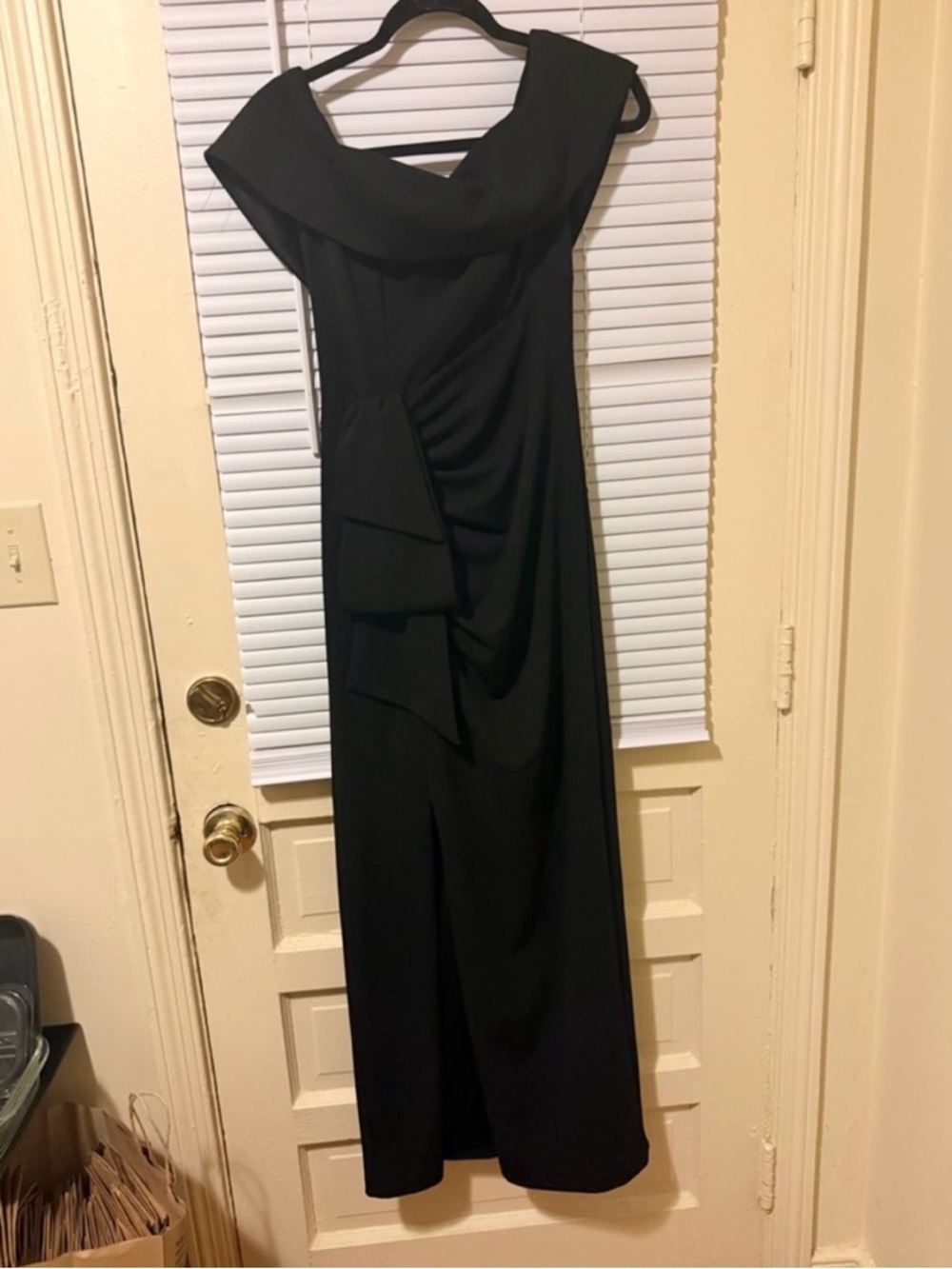 Xscape Black Off-the-Shoulder Evening Maxi Dress